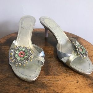 Rene Caovilla Metallic slide sandal kitten heel 37
